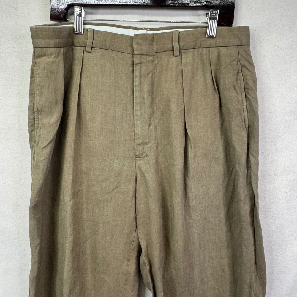 Polo Ralph Lauren Pants 32x26 Brown/Green Pleated 100% Linen Cuffed Old Money